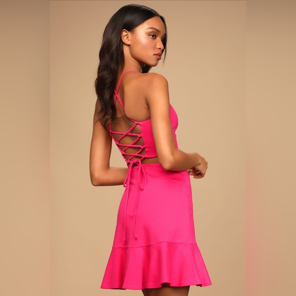 Lulu’s Catch My Eye Hot Pink Two-Piece Lace-Up Mini Dress, Size M - Picture 3 of 12